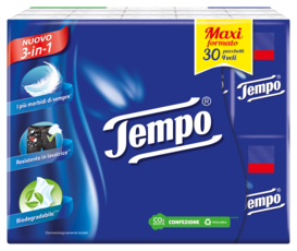 Tempo Fazzoletti 3-in-1: morbidi, resistenti in lavatrice e biodegradabili