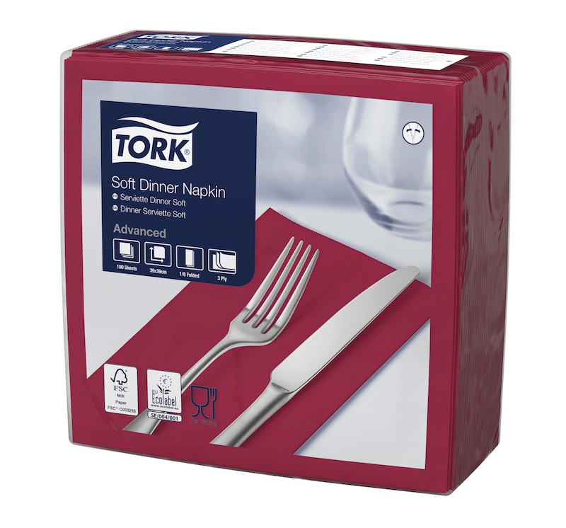 Tork Soft χαρτοπετσέτα δείπνου Bordeaux Red, διπλωμένη κατά το 1/8
