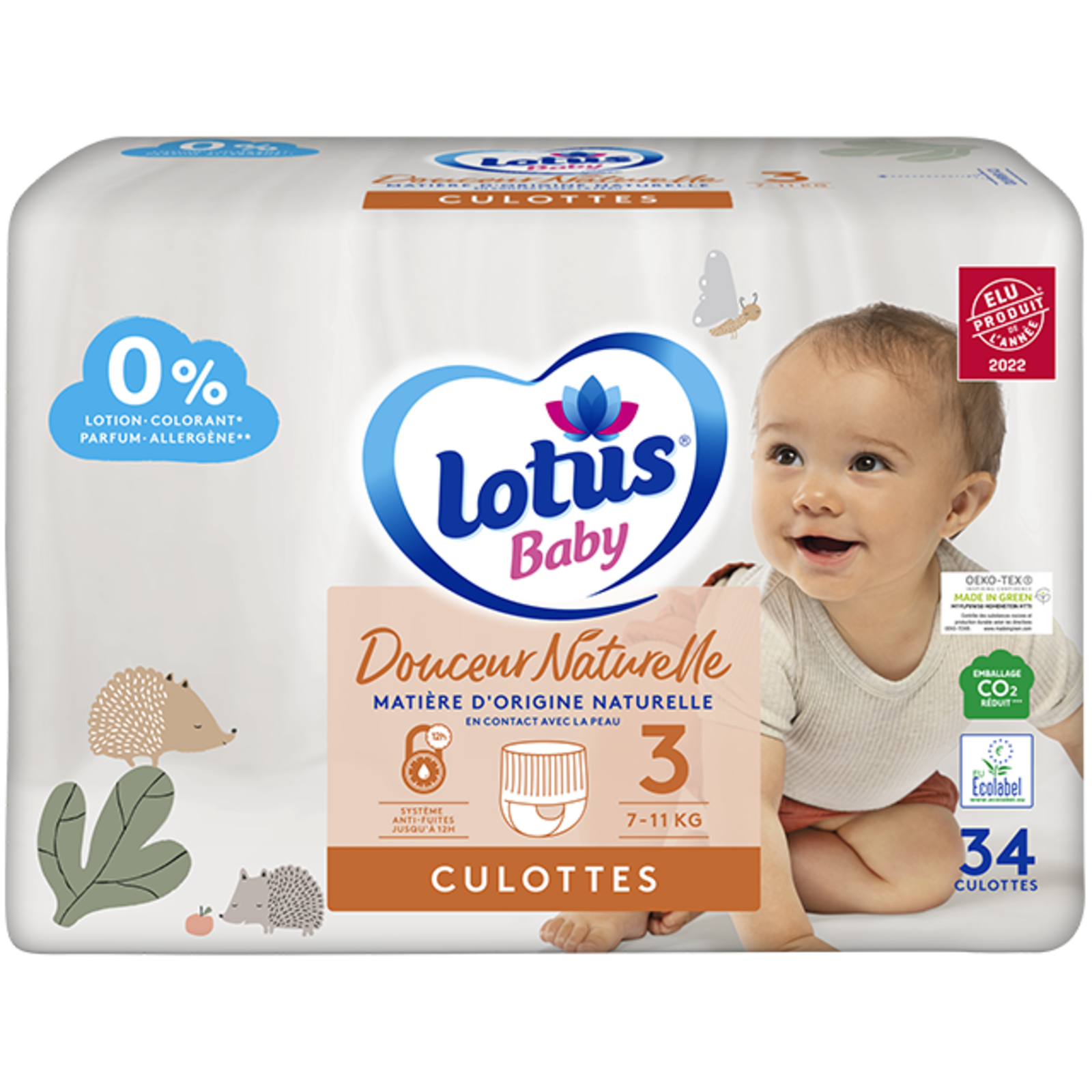 Lotus Baby Douceur Naturelle Culottes 7 11 kg Pack 1 Mois, Blanc, Taille 3  (136 Unité)